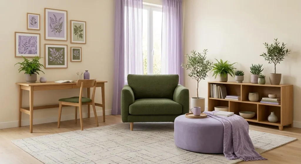 Vesele boje za dnevnu sobu - lavanda i maslinasta